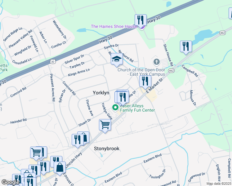 map of restaurants, bars, coffee shops, grocery stores, and more near 3910 Eastgate Drive in York