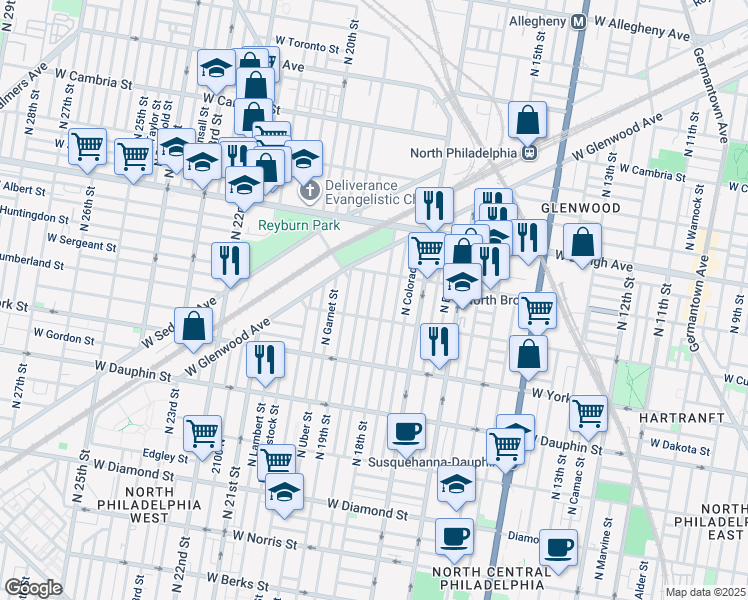 map of restaurants, bars, coffee shops, grocery stores, and more near 2527 North Cleveland Street in Philadelphia