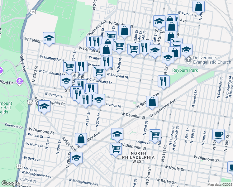 map of restaurants, bars, coffee shops, grocery stores, and more near 2538 West Hagert Street in Philadelphia