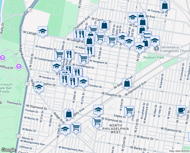 map of restaurants, bars, coffee shops, grocery stores, and more near 2418 North 26th Street in Philadelphia