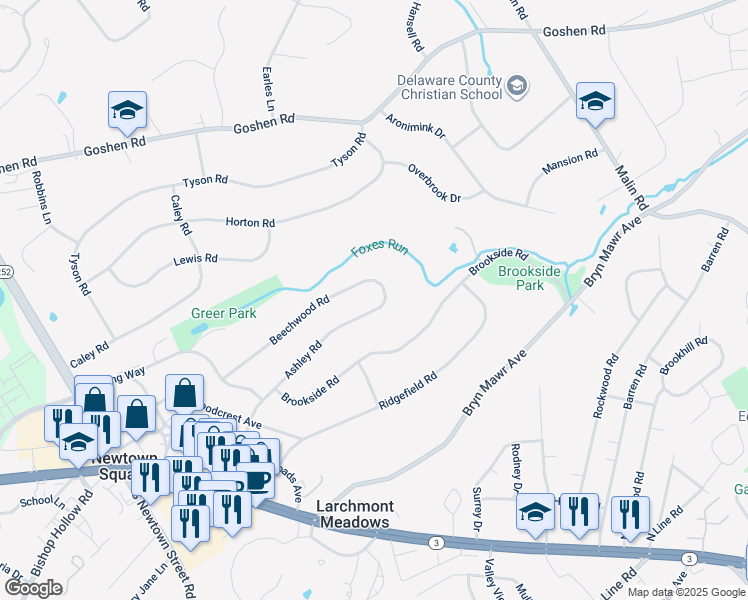 map of restaurants, bars, coffee shops, grocery stores, and more near 150 Ashley Road in Newtown Square