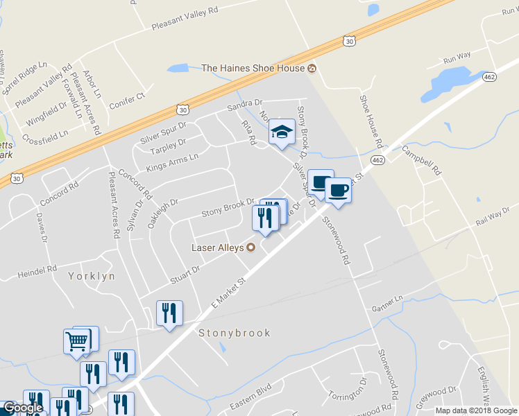 map of restaurants, bars, coffee shops, grocery stores, and more near 3913 Eastgate Drive in York