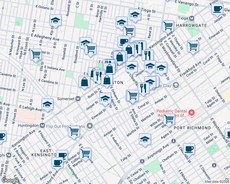 map of restaurants, bars, coffee shops, grocery stores, and more near 1905 East Orleans Street in Philadelphia