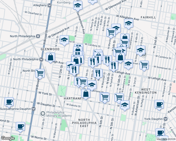 map of restaurants, bars, coffee shops, grocery stores, and more near 811 West Lehigh Avenue in Philadelphia