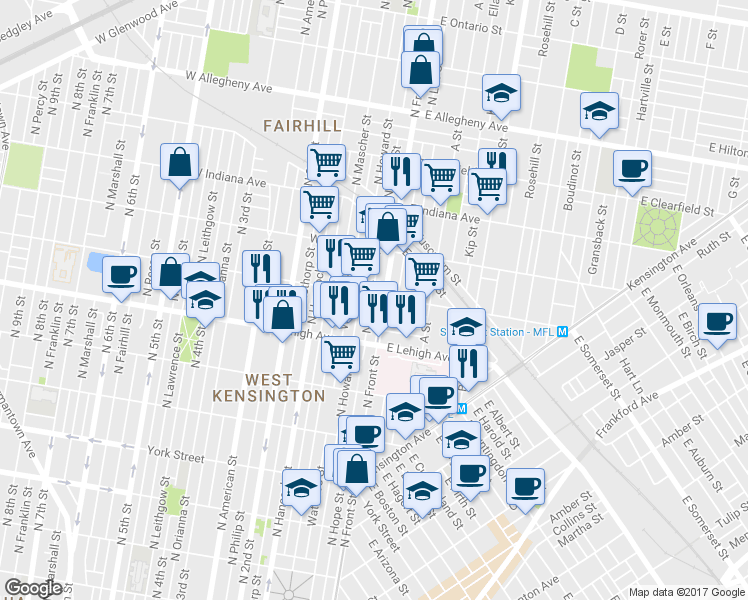 map of restaurants, bars, coffee shops, grocery stores, and more near 2757 North Hope Street in Philadelphia