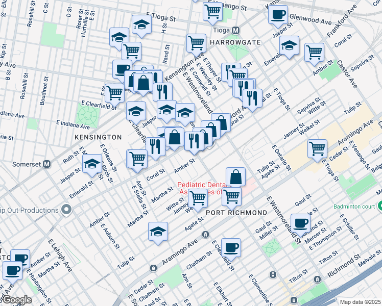 map of restaurants, bars, coffee shops, grocery stores, and more near 2064 East Allegheny Avenue in Philadelphia