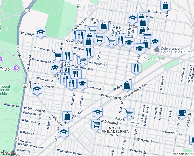 map of restaurants, bars, coffee shops, grocery stores, and more near 2538 West Hagert Street in Philadelphia