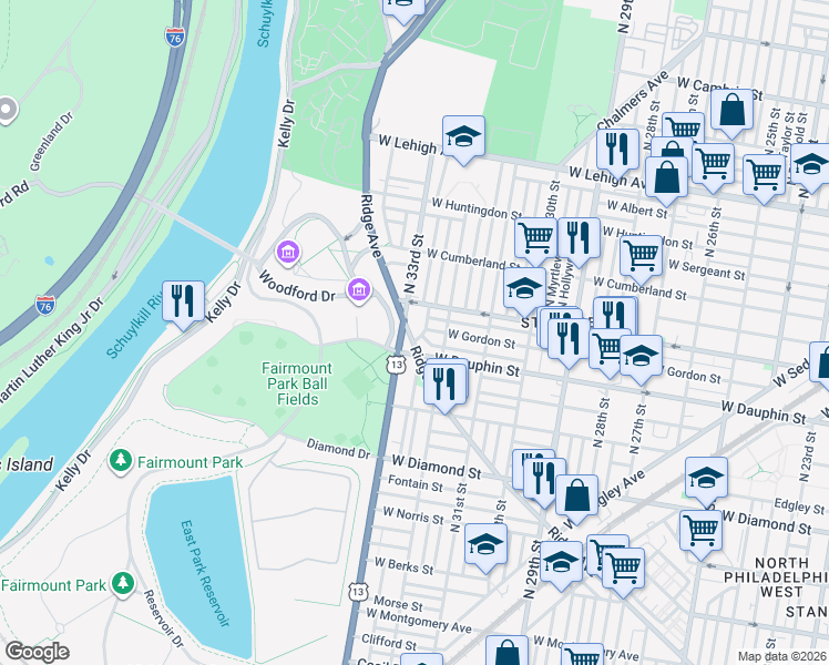 map of restaurants, bars, coffee shops, grocery stores, and more near 2327 North 33rd Street in Philadelphia