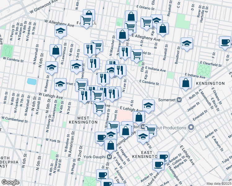 map of restaurants, bars, coffee shops, grocery stores, and more near 2757 North Hope Street in Philadelphia