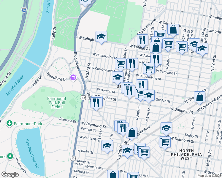 map of restaurants, bars, coffee shops, grocery stores, and more near 2408 North 31st Street in Philadelphia
