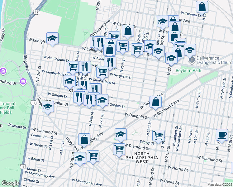 map of restaurants, bars, coffee shops, grocery stores, and more near 2418 North 26th Street in Philadelphia