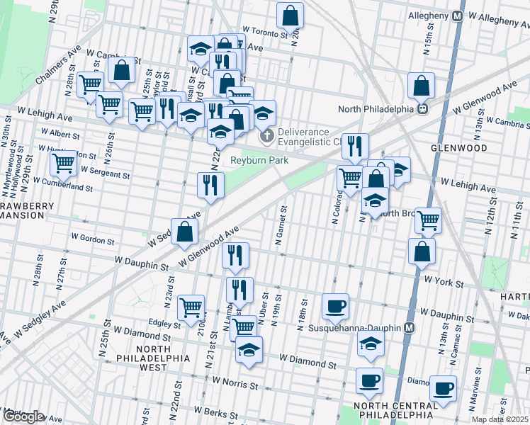 map of restaurants, bars, coffee shops, grocery stores, and more near 2510 N 20th St in Philadelphia