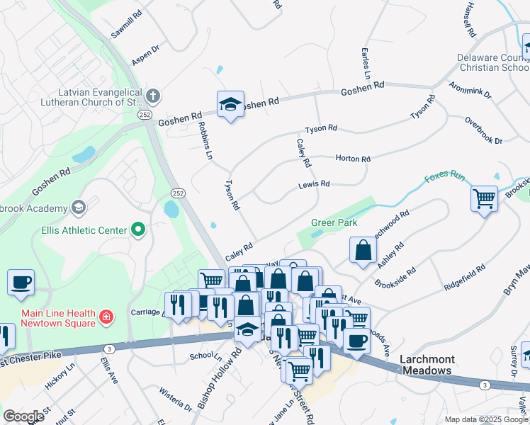 map of restaurants, bars, coffee shops, grocery stores, and more near 3516 Lewis Road in Newtown Square