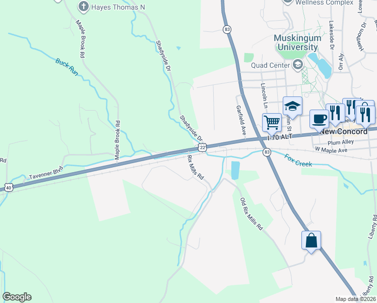 map of restaurants, bars, coffee shops, grocery stores, and more near 80 Shadyside Drive in New Concord