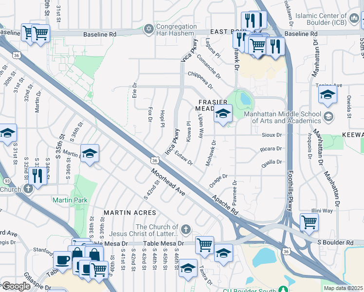 map of restaurants, bars, coffee shops, grocery stores, and more near 230 Inca Parkway in Boulder
