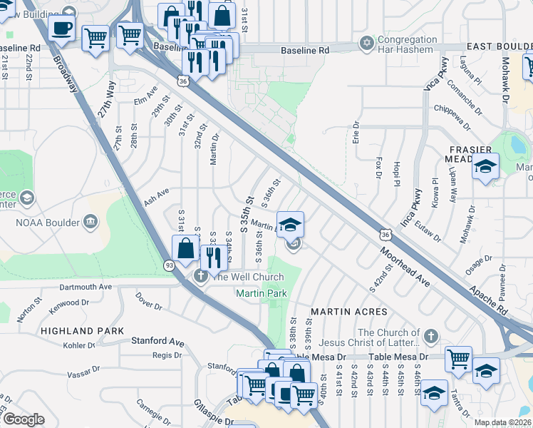 map of restaurants, bars, coffee shops, grocery stores, and more near 70 South 36th Street in Boulder