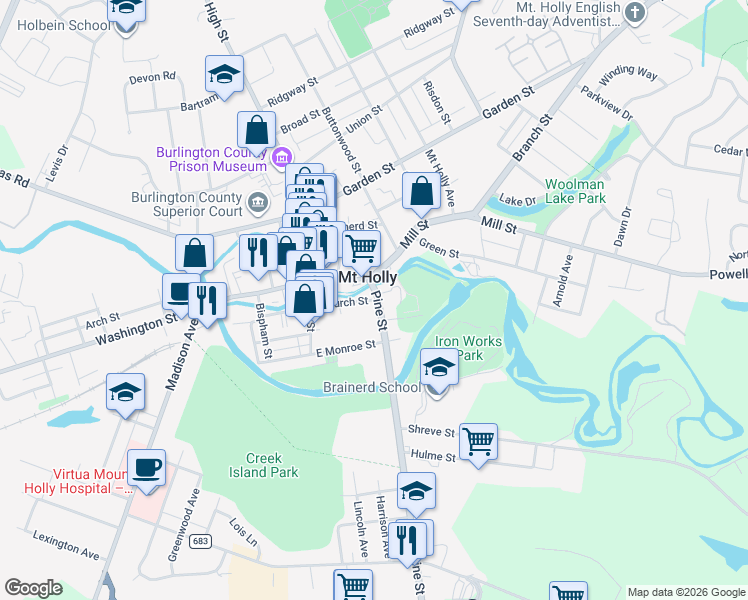 map of restaurants, bars, coffee shops, grocery stores, and more near in Mount Holly