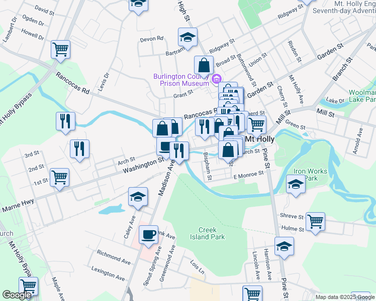 map of restaurants, bars, coffee shops, grocery stores, and more near 63 Washington Street in Mount Holly