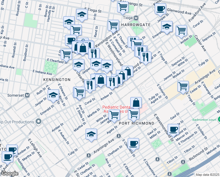 map of restaurants, bars, coffee shops, grocery stores, and more near 2062 East Allegheny Avenue in Philadelphia