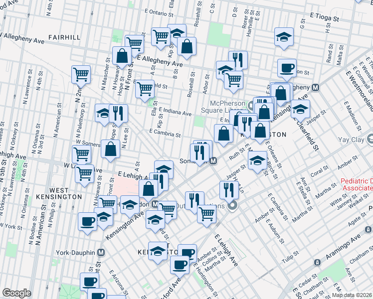 map of restaurants, bars, coffee shops, grocery stores, and more near 356 East Cambria Street in Philadelphia