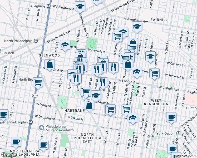 map of restaurants, bars, coffee shops, grocery stores, and more near 811 West Lehigh Avenue in Philadelphia