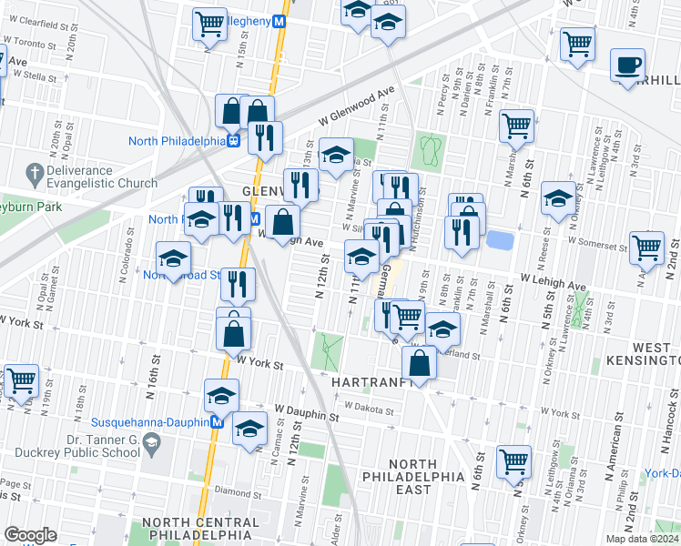map of restaurants, bars, coffee shops, grocery stores, and more near in Philadelphia