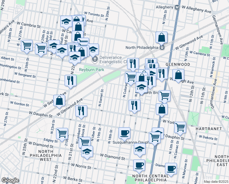 map of restaurants, bars, coffee shops, grocery stores, and more near 2529 North Cleveland Street in Philadelphia