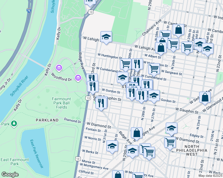 map of restaurants, bars, coffee shops, grocery stores, and more near 2336 North 31st Street in Philadelphia