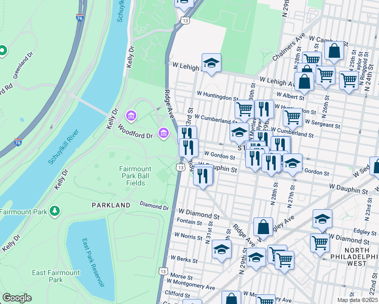 map of restaurants, bars, coffee shops, grocery stores, and more near 2327 North 33rd Street in Philadelphia