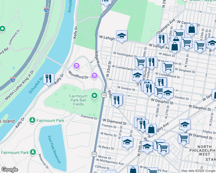 map of restaurants, bars, coffee shops, grocery stores, and more near 2327 North 33rd Street in Philadelphia