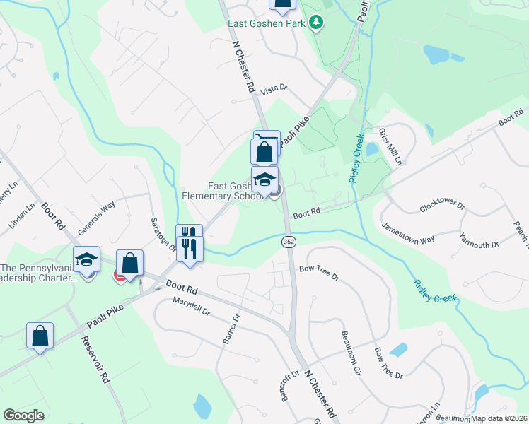 map of restaurants, bars, coffee shops, grocery stores, and more near 352 Paoli Park in West Chester