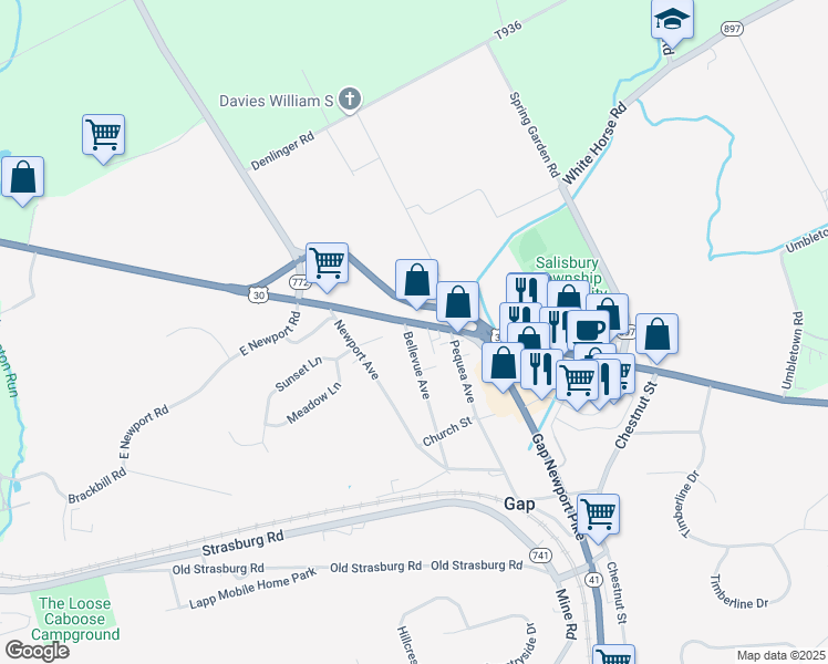 map of restaurants, bars, coffee shops, grocery stores, and more near 5293 Lincoln Highway in Gap