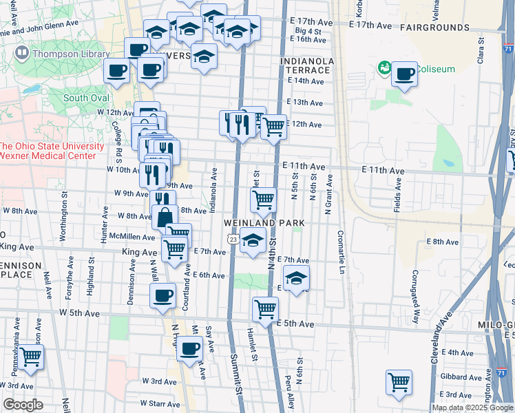 map of restaurants, bars, coffee shops, grocery stores, and more near in Columbus