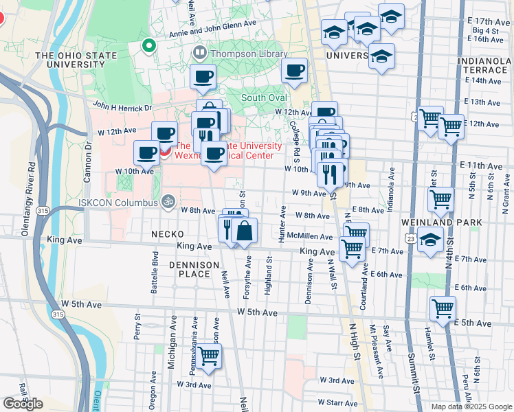 map of restaurants, bars, coffee shops, grocery stores, and more near in Columbus