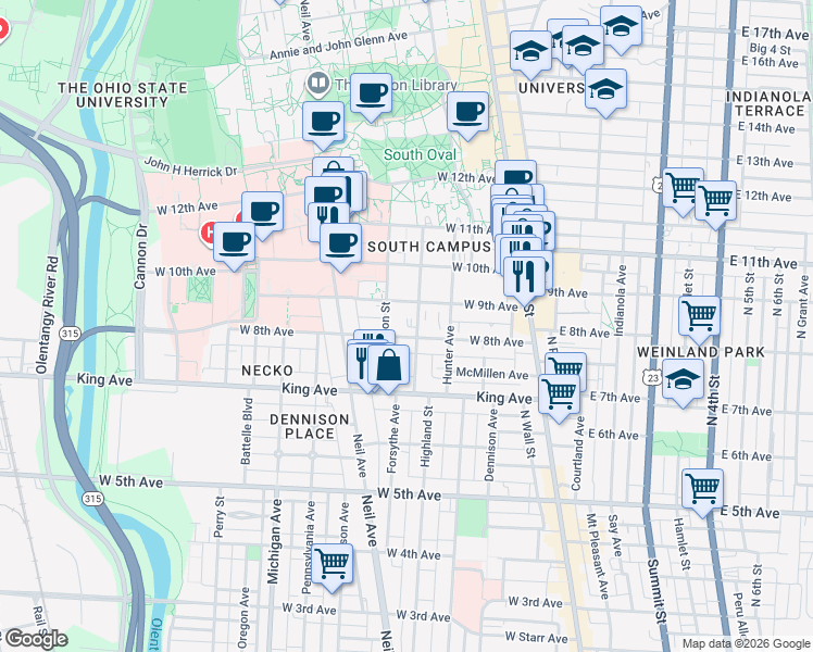 map of restaurants, bars, coffee shops, grocery stores, and more near in Columbus