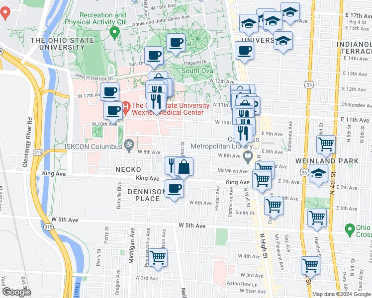 map of restaurants, bars, coffee shops, grocery stores, and more near in Columbus
