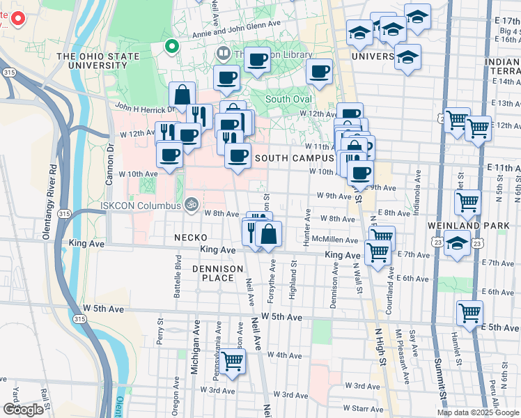 map of restaurants, bars, coffee shops, grocery stores, and more near 247 West 9th Avenue in Columbus