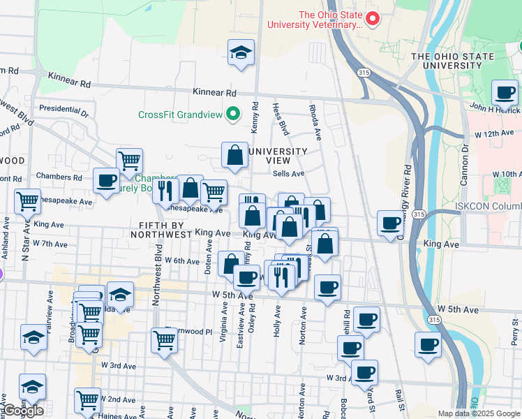 map of restaurants, bars, coffee shops, grocery stores, and more near 1006 Chambers Road in Columbus