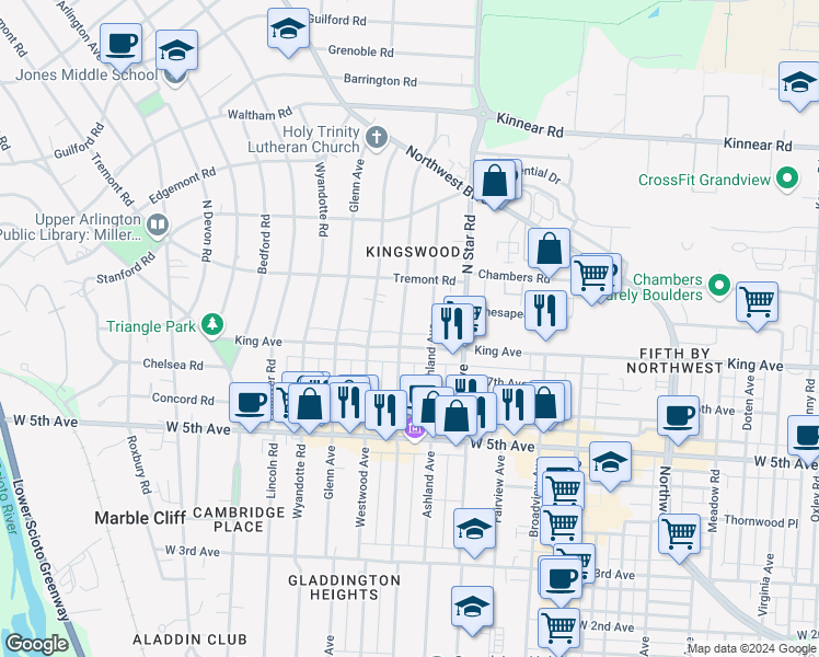map of restaurants, bars, coffee shops, grocery stores, and more near 1751 Ashland Avenue in Columbus