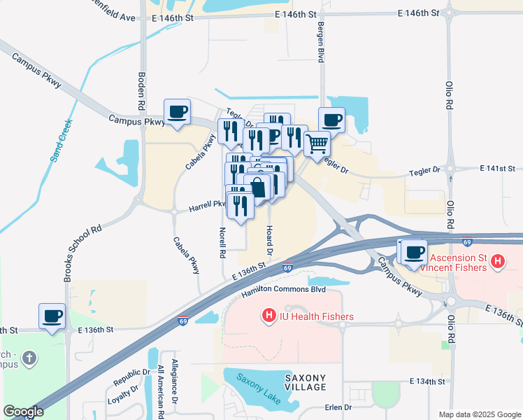 map of restaurants, bars, coffee shops, grocery stores, and more near 13170 Harrell Parkway in Noblesville