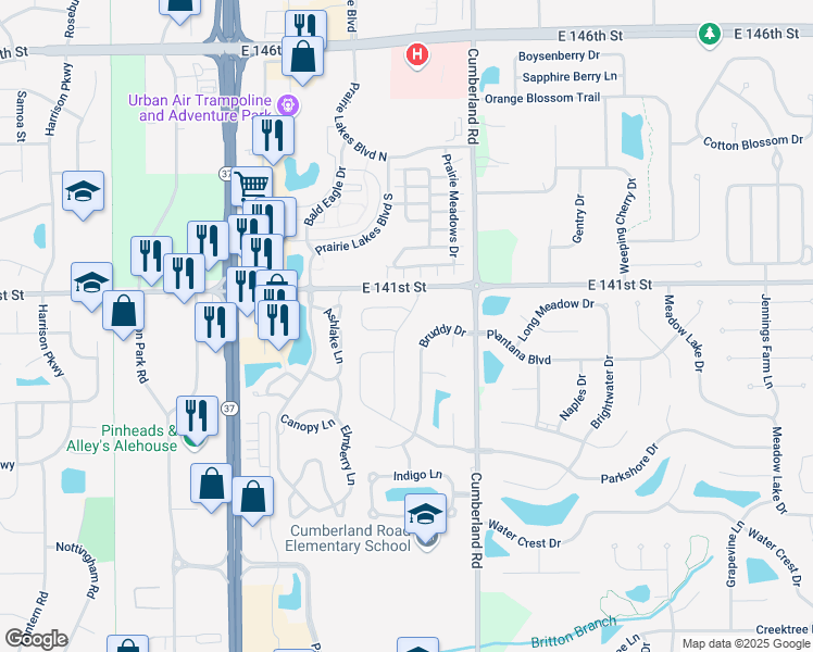 map of restaurants, bars, coffee shops, grocery stores, and more near 14095 Meadow Grass Way in Fishers
