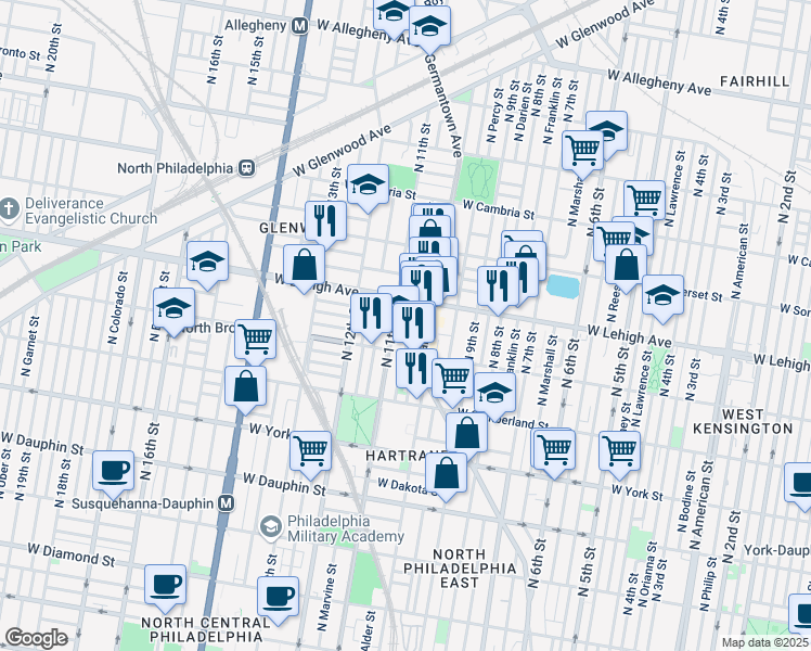 map of restaurants, bars, coffee shops, grocery stores, and more near 2622 North Warnock Street in Philadelphia