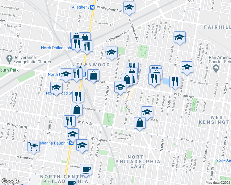 map of restaurants, bars, coffee shops, grocery stores, and more near in Philadelphia