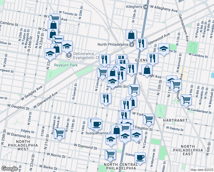 map of restaurants, bars, coffee shops, grocery stores, and more near 2548 North Bancroft Street in Philadelphia