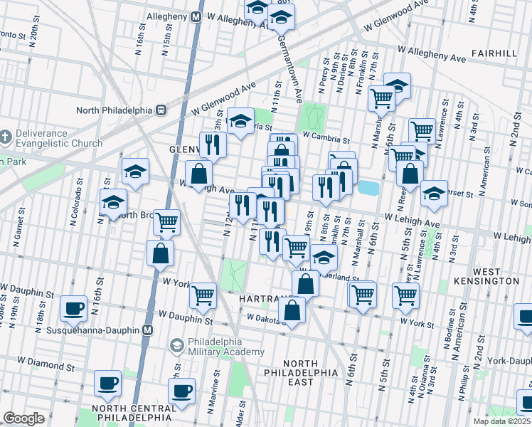 map of restaurants, bars, coffee shops, grocery stores, and more near 2622 North Warnock Street in Philadelphia
