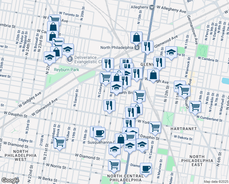 map of restaurants, bars, coffee shops, grocery stores, and more near 2550 North 16th Street in Philadelphia