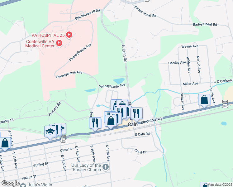 map of restaurants, bars, coffee shops, grocery stores, and more near 2 Quarry Street in Coatesville
