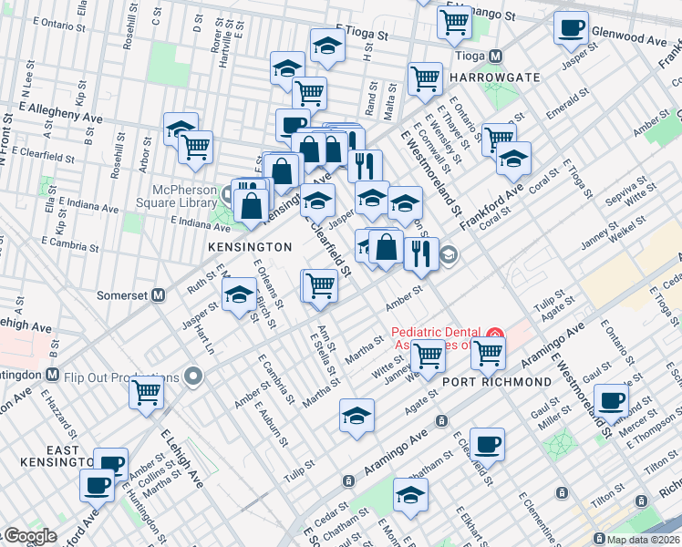 map of restaurants, bars, coffee shops, grocery stores, and more near 3090 Emerald Street in Philadelphia