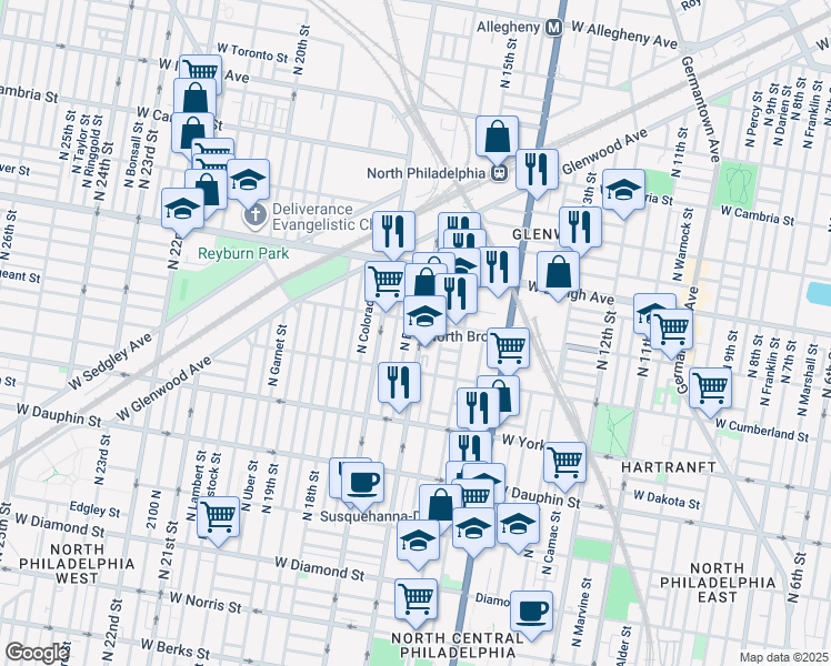 map of restaurants, bars, coffee shops, grocery stores, and more near 2550 North 16th Street in Philadelphia