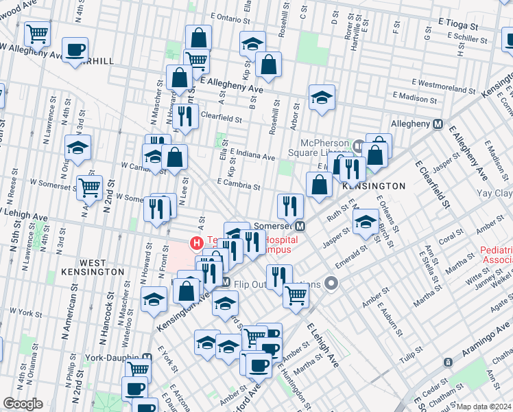 map of restaurants, bars, coffee shops, grocery stores, and more near 2824 Rosehill Street in Philadelphia